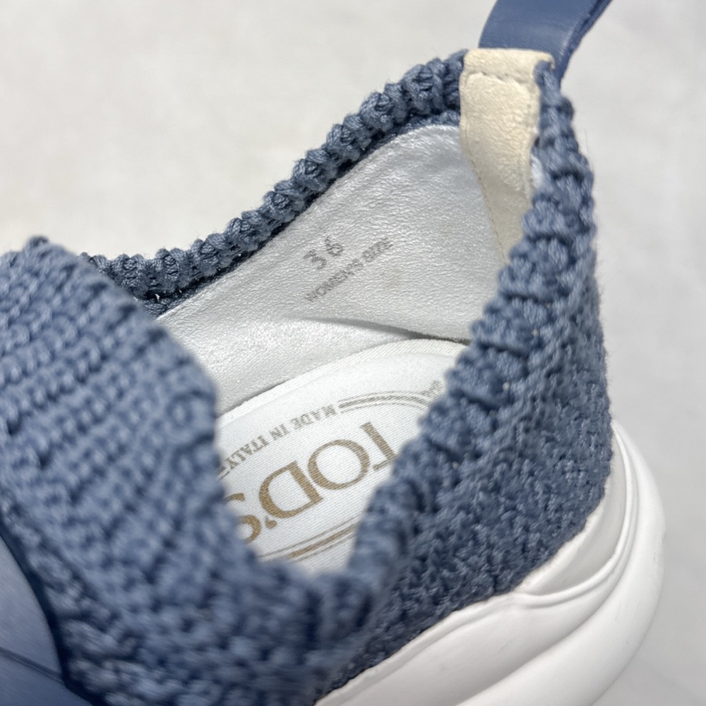Tod's Kate Crochet Technical Knit Leather Slip On Sneaker Shoes Blue Athleisure - Picture 13 of 15